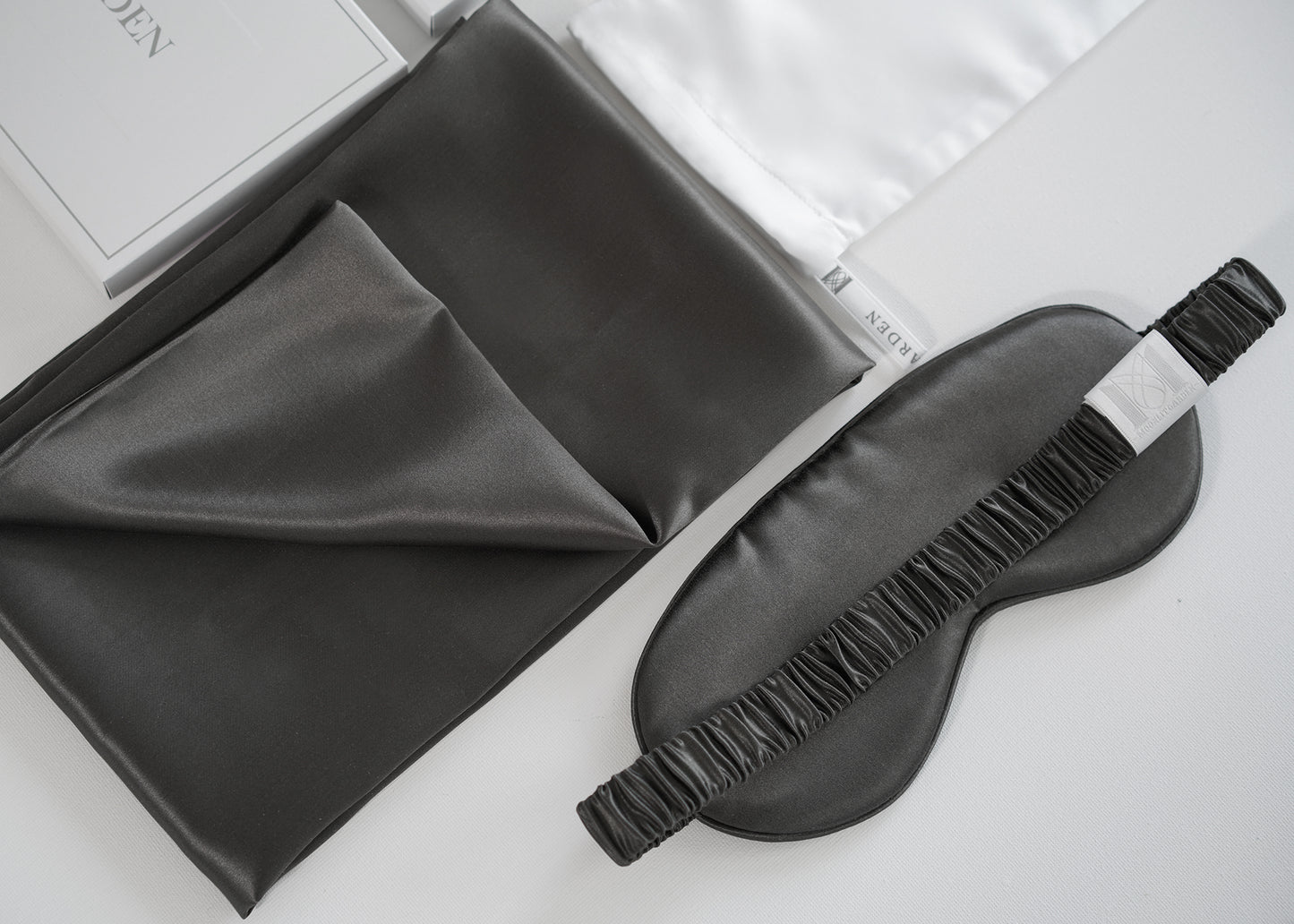 MOONLIT GARDEN 22 Momme Mulberry Silk Pillowcase & Sleep Mask Charcoal Set