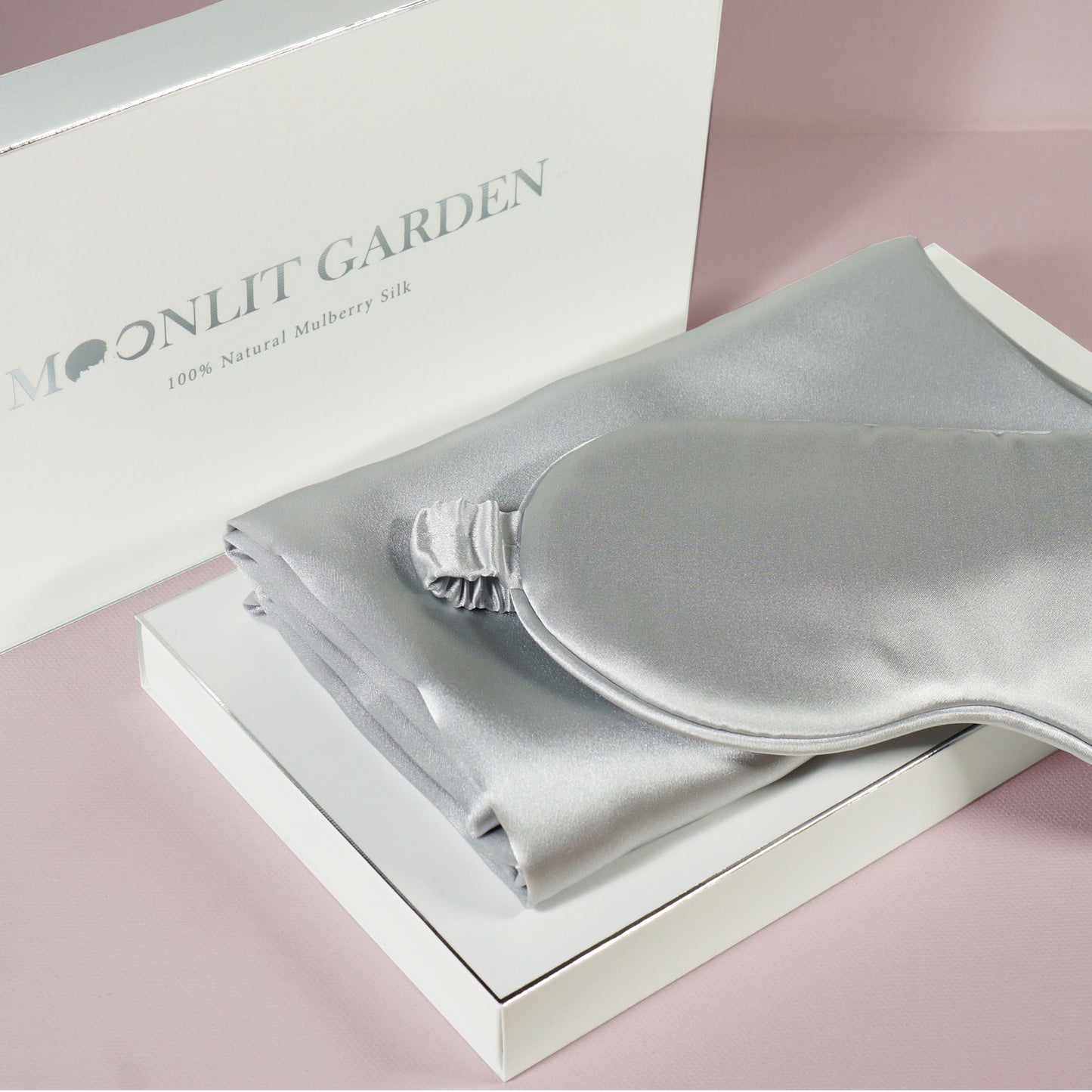 MOONLIT GARDEN 22 Momme Mulberry Silk Pillowcase & Sleep Mask Silver Set