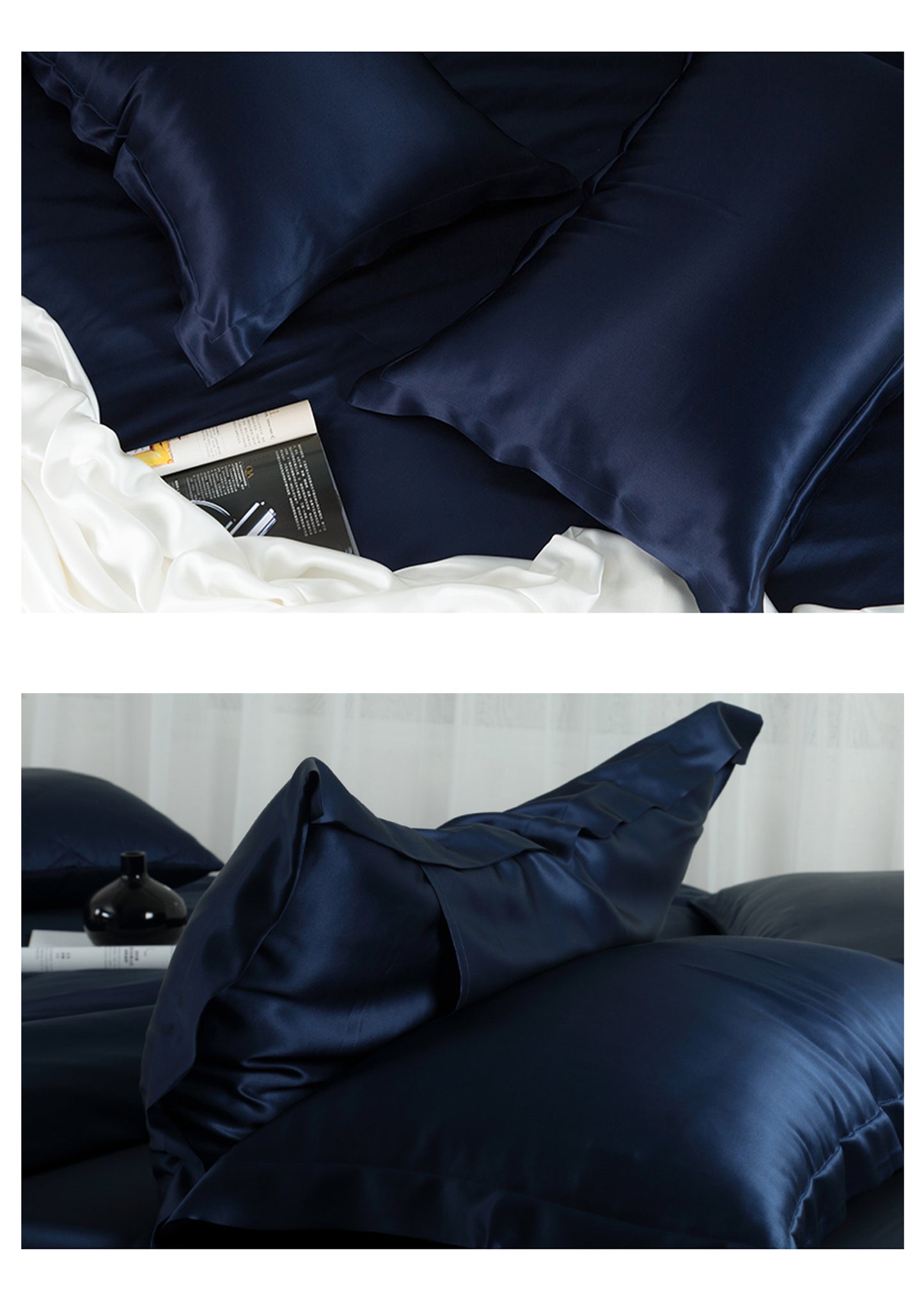 MOONLIT GARDEN 22 Momme Mulberry Silk Pillowcase Wide Brim Navy